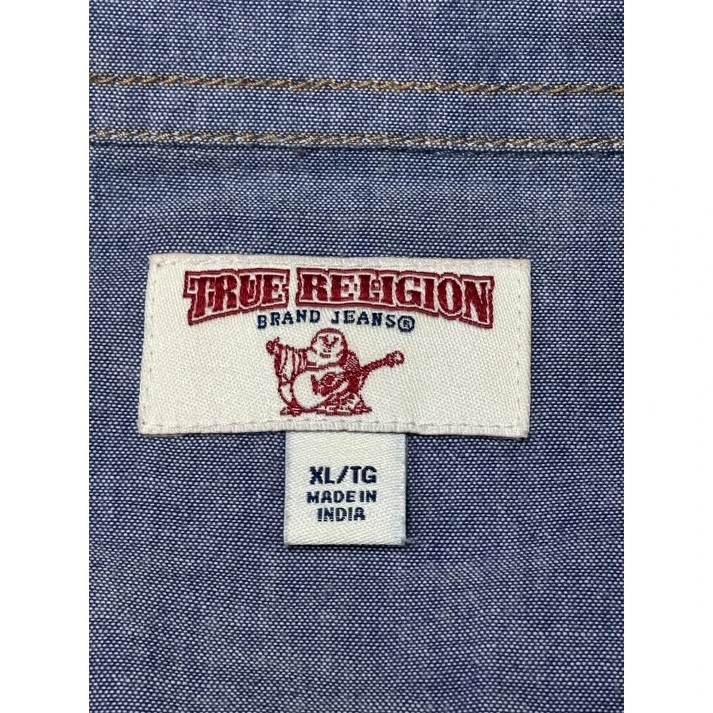 True‎ Religion Mens XL Blue Chambray Button Down Shirt Horseshoe Stitching Long